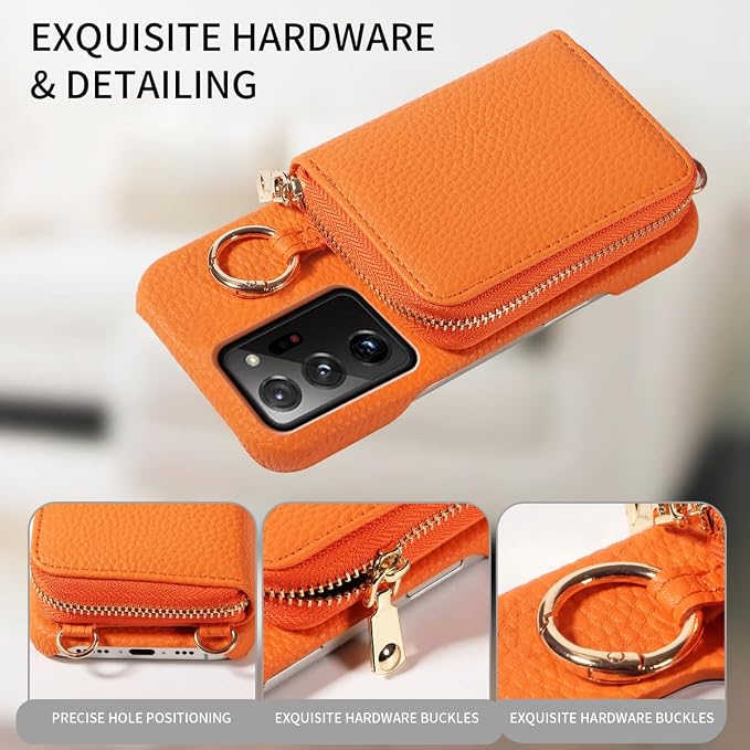 Wallet Case for Samsung Galaxy Note 20 Ultra 5G Shoulder Strap Ring Buckle Zipper Flip Organ Purse Card Holder Phone Cover for Note20 Plus Notes 20Ultra Note20+ U + 20+ Twenty Not S20 Orange