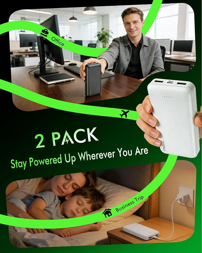Miady 2-Pack Portable Charger PD 22.5W Power Bank 20000mAh Battery Pack | 74Wh丨Fast Charging丨3 Outputs 2 Inputs丨High Capacity丨Compatible with iPhone 17 iPad Android etc丨for Travel Camping丨White+White