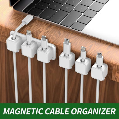 Magnetic Cable Organizer for Desk – Upgraded Wire Clips with Adhesive Base – Desktop Cord Holder for USB, Charging Cables – 6 Clips + 1 Magnetic Base (White)