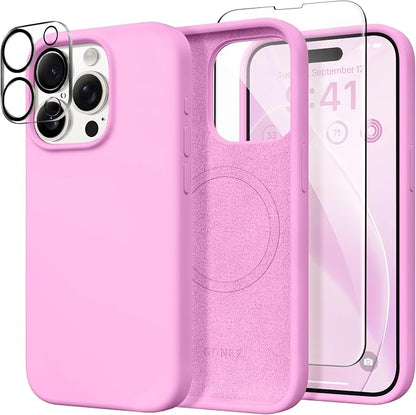 GONEZ for iPhone 15 Pro Max Case Silicone, Compatible with Magsafe, Camera Protector + Screen Protector, Soft Anti-Scratch Microfiber Lining, Liquid Silicone Shockproof Phone Cover, Cherry Blossom