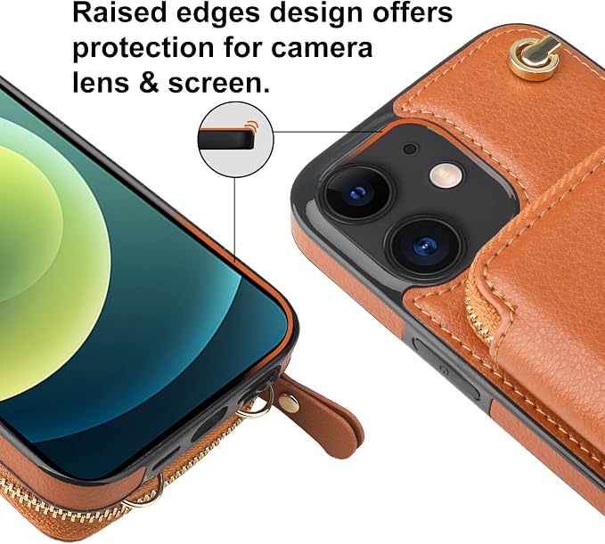 Bocasal Crossbody Wallet Case for iPhone 12/12 Pro, RFID Blocking Leather Purse Case with Card Holder, Protective Handbag Flip Cover with Zipper Wrist Strap Lanyard for Women 5G 6.1 Inch (Brown)