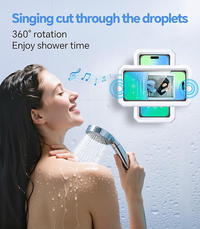 Romuto Shower Phone Holder Waterproof【480° Rotation】HD Touch Screen & Anti-Fog phone shower holder, IPX6 Waterproof Clear Sound Bathroom Accessories for iPhone 17 16 Pro Max Air, S25 Ultra, 4-7" Phone