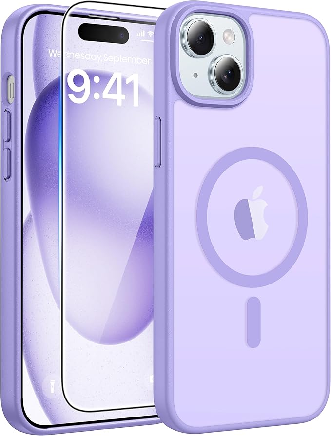 FNTCASE for iPhone 15 Case: for iPhone 14 Case & iPhone 13 Case [Compatible with Magsafe] Translucent Matte Cases with [Screen Protector] Military Grade Shockproof Protective Phone Cover - LightPurple