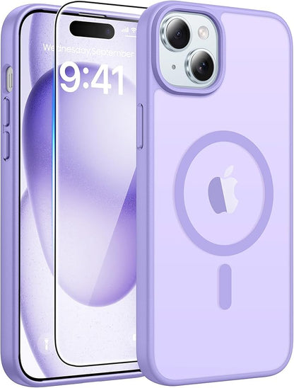 FNTCASE for iPhone 15 Case: for iPhone 14 Case & iPhone 13 Case [Compatible with Magsafe] Translucent Matte Cases with [Screen Protector] Military Grade Shockproof Protective Phone Cover - LightPurple