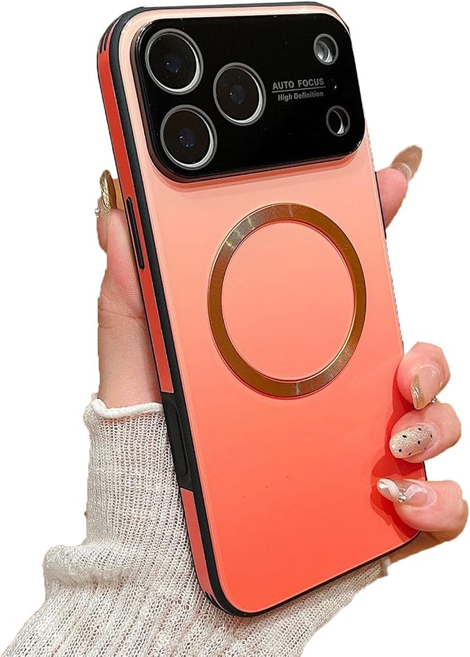 Gradient Glass-Gloss Case for iPhone 17/16/15/14/13 Series - Magnetic Case with Full Camera Lens Protector, Scratch Resistant Gradient Glass Back Cover Phone Case (Orange,for iPhone 13)