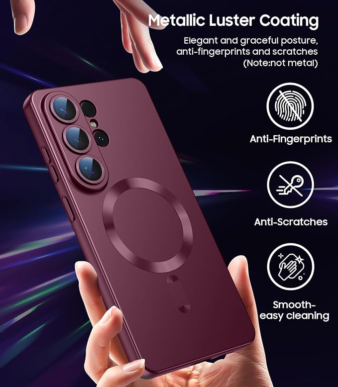 Magnetic for Samsung Galaxy S26 Ultra Case [Compatible with MagSafe][Built-in Camera Lens Protector] Slim Soft Silicone Bumper Shockproof Metallic Luster Phone Case, Burgundy