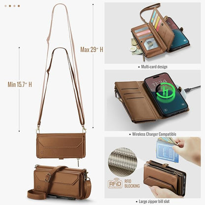 Strapurs Wallet Case Compatible with iPhone 16 Plus 6.7" RFID Blocking 10-Card Holder Soft PU Leather Magnetic Snap Shoulder Strap Zipper Pocket Phone Case Fit for iPhone 16 Plus - Brown
