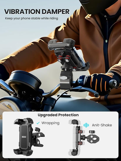 tounee Motorcycle Phone Holder Mount -Dual Vibration Dampener, Tool-Free Bike Phone Holder Handlebar Clip & Secure Lock for iPhone 16/15 Pro Max, 4.7-6.7" Phones - Black