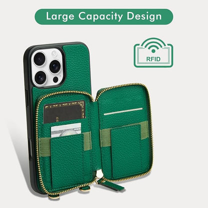 LAMEEKU Compatible with iPhone 16 Pro Wallet Case with Card Holder, Zipper Leather Crossbody Case with Phone Grip Holder Stand Wrist Strap for Women 6.3 inch Dark Green