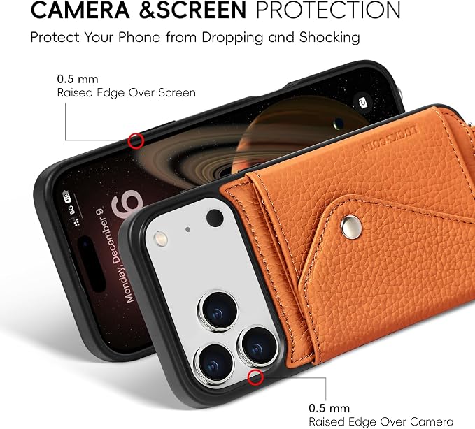 LUCKYCOIN for iPhone 17 Pro Max Crossbody Wallet Case – Genuine Leather Phone Purse with Adjustable Strap and Card Holder,Lanyard Phone Purse Case for Women,Pebble Grain Brown