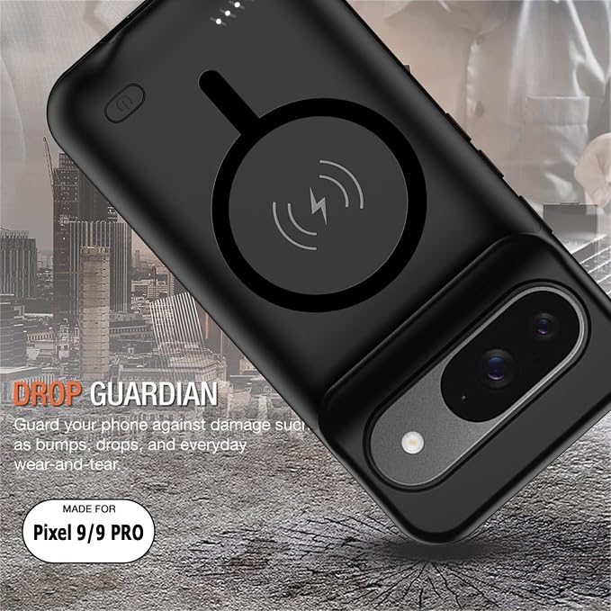 Battery Case for Google Pixel 9/9 Pro, 10000mAh Rechargeable Portable Charging Case with Wireless Charging Compatible for Google Pixel 9/9 Pro (6.3 inch) Extended Battery Pack Charger Cover (Black)