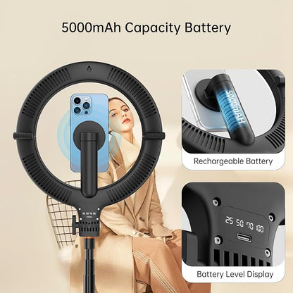 10.2" Magnetic Ring Light with 64" Tripod for iPhone Mag Safe, 5000mAh Rechargeable Ring Light with Stand, 3000k-6500K Phone Tripod with Light for Video, Photography, Live Stream, TikTok, YouTube