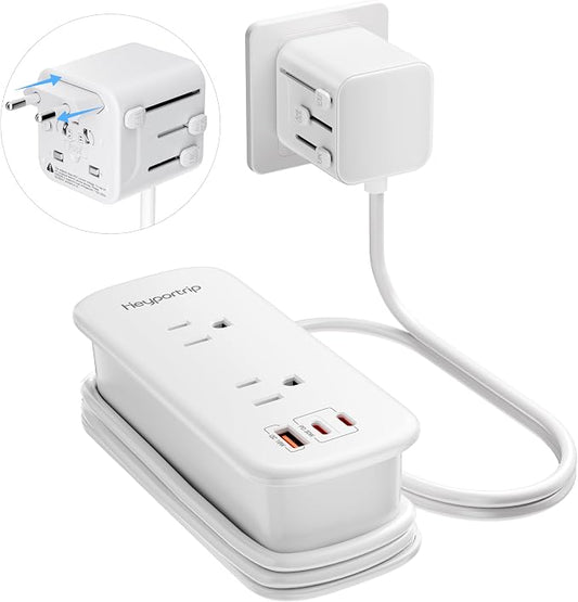 Universal Travel Adapter, 30W European Travel Plug Adapter with 2 USB-C PD & 1 USB-A Ports, International Power Adapter Fast Charging with 70in Power Cord for USA EU UK AUS