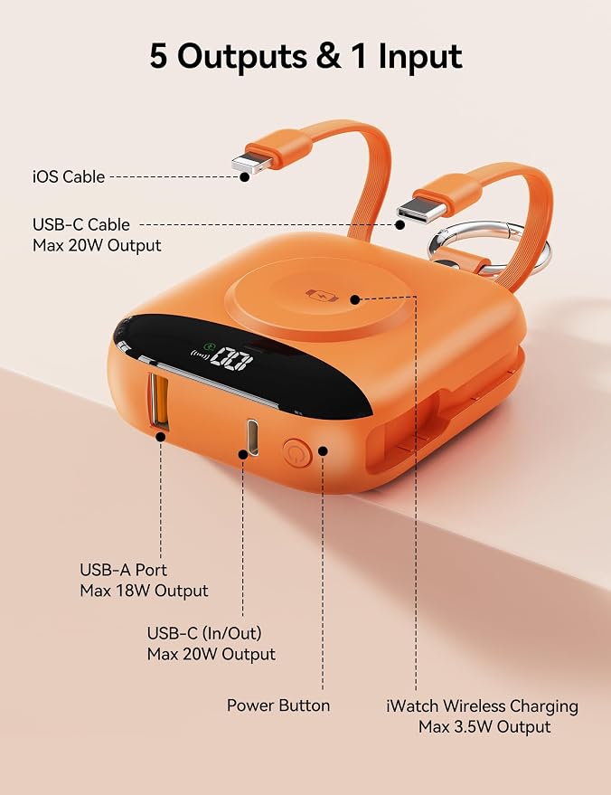 Portable Charger Power Bank, 10000mAh Fast Charging Power Bank with Built-in Cables, Travel Keychain Battery Pack with LED Display for iPhone Samsung Android iPad iWatch Charger 11/10/9/8/Ultra,Orange