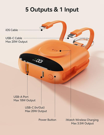 Portable Charger Power Bank, 10000mAh Fast Charging Power Bank with Built-in Cables, Travel Keychain Battery Pack with LED Display for iPhone Samsung Android iPad iWatch Charger 11/10/9/8/Ultra,Orange