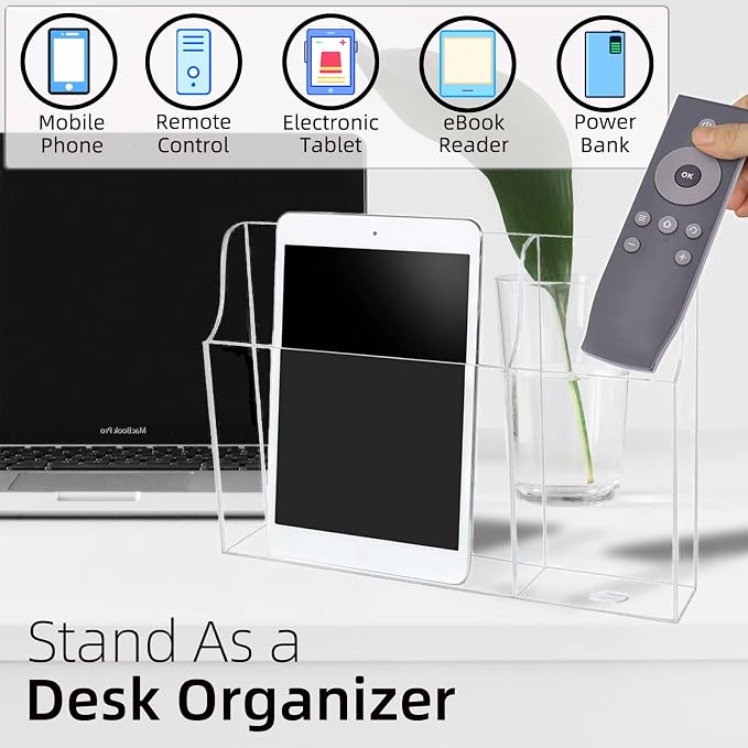 Clear Wall Tablet Holder Acrylic Wall Mounted Phone Holder for iPad, Remote Control Holder Laptop Stand for eReader Storage Caddy with Charging Holes for Kindle iPhone