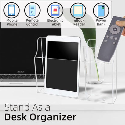 Clear Wall Tablet Holder Acrylic Wall Mounted Phone Holder for iPad, Remote Control Holder Laptop Stand for eReader Storage Caddy with Charging Holes for Kindle iPhone
