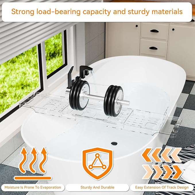 Yieach Luxury Clear Bathtub Shelf Across Tub,Expandable Plastic Bathtub Tray Over The Tub Bath Caddy,Free Standing Bath Table Board & Accessories for Women Relaxing with Reading Book and Ipad Holder
