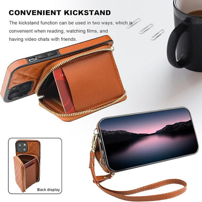Bocasal Crossbody Wallet Case for iPhone 14, RFID Blocking PU Leather Zipper Handbag Purse Flip Cover, Kickstand Folio Case with Card Slots Holder Wrist Strap Lanyard 5G 6.1 Inch (Brown)