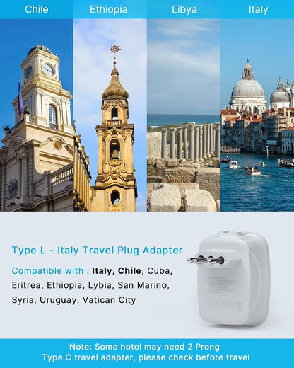 2 Pack Italy Travel Plug Adapter, VINTAR Italy Power Adapter with 2 Outlets 4 USB Ports(1 USB C), 6 in 1 Type L Plug Adaptor, 3 Prong Grounded Plug for US to Italian Chile Uruguay Libya Tunisia