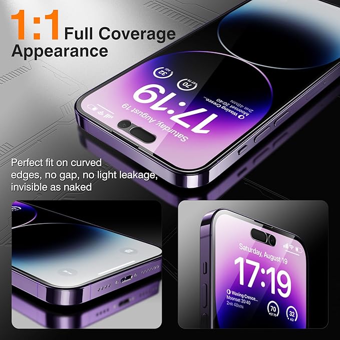 EZ-GLAZ- 4 Pack for iPhone 14 Pro Privacy Screen Protector[6.1"] With 2 Pack Camera Lens Protector, [Drop Protection] 9H Hardness Full Coverage Anti-Spy Tempered Glass Film, Easy to install