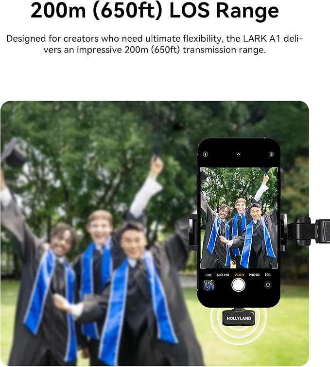 Hollyland Lark A1 Wireless Mini Microphone for iPhone 14/13/12 (2TX + Lightning RX) 48kHz/24-bit, 3-Level Intelligent Noise Cancel, Magnetic Microphone for YouTube, Podcast, Vlogging (Black)
