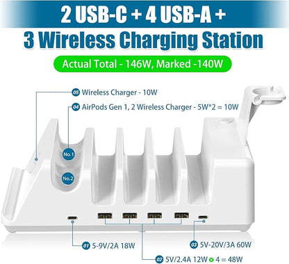 AGVEE 140W 7in1 Multi USB Charging Station Organizer Family Block Hub with Multi Cables, 3 Wireless Charger Dock for Pad Phone Cell Phone Android Tablet Multiple Devices, White