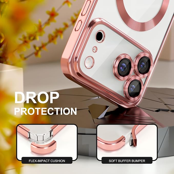 Misea Magnetic for iPhone 17 Pro Max Case Compatible with MagSafe [Never Yellowing] [Military Grade Drop Protection] Full Camera Lens Protector Plating Soft Clear Phone Case for Women, Pink