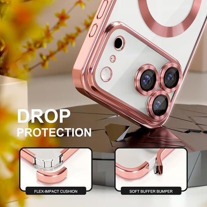 Misea Magnetic for iPhone 17 Pro Max Case Compatible with MagSafe [Never Yellowing] [Military Grade Drop Protection] Full Camera Lens Protector Plating Soft Clear Phone Case for Women, Pink