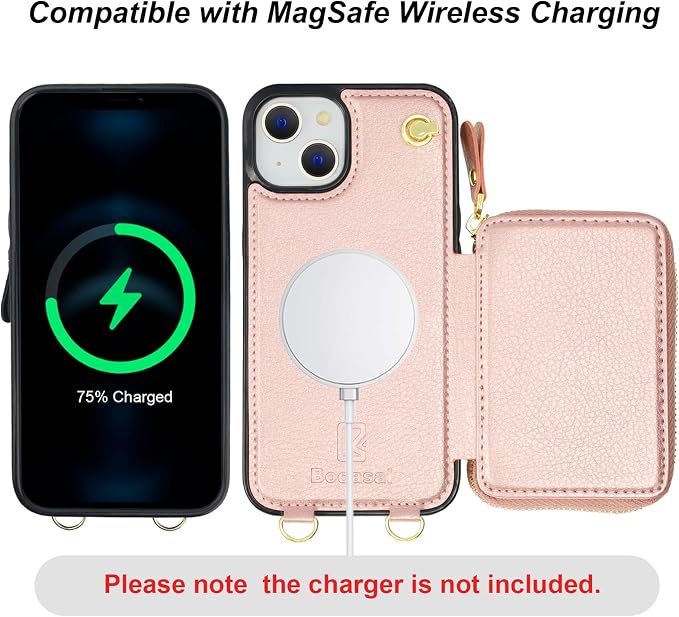 Bocasal for MagSafe Crossbody Wallet Case Compatible with iPhone 14 iPhone 13, RFID Blocking Protective Purse Case with Card Slots Holder Kickstand Wrist Strap Lanyard Zipper 6.1 Inch 5G (Rose Gold)
