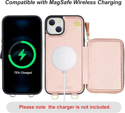 Bocasal for MagSafe Crossbody Wallet Case Compatible with iPhone 14 iPhone 13, RFID Blocking Protective Purse Case with Card Slots Holder Kickstand Wrist Strap Lanyard Zipper 6.1 Inch 5G (Rose Gold)
