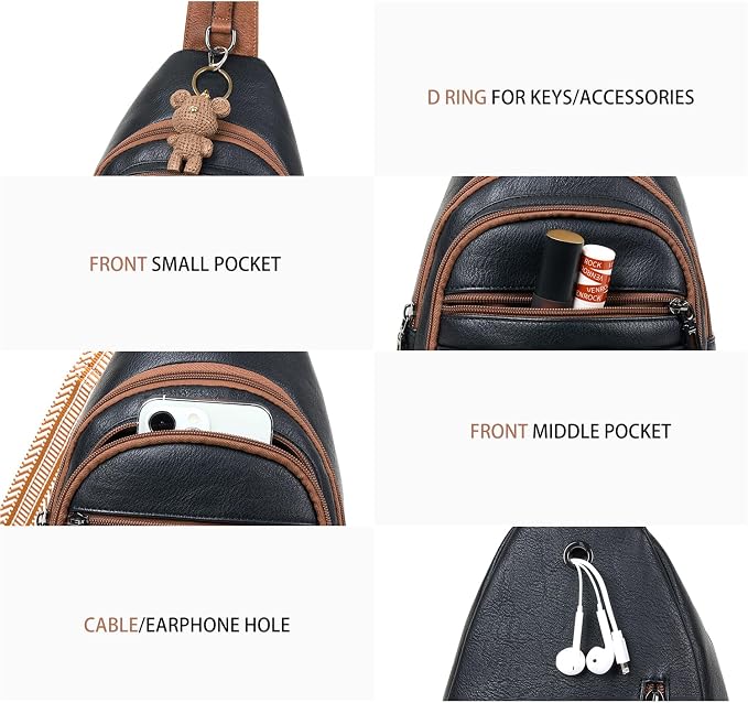 Leresas Sling Bag for Women Crossbody Fanny Cross Body Handbag Sling Purse Vegan Leather Trendy Gifts Travel Shoulder Bag Anti Theft Brown/Black