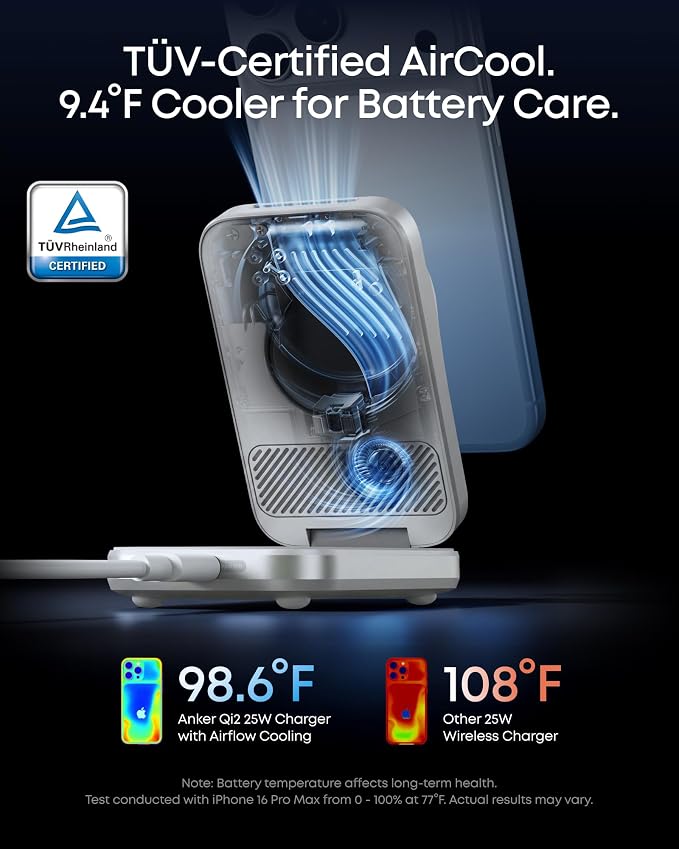 Anker Prime 3-in-1 Charging Station, AirCool Wireless Charger, Qi2 25W Certified Palm-Sized Foldable MagSafe Charger Compatible with iPhone 17, Apple Watch, AirPods (Non-Battery, with Adapter)