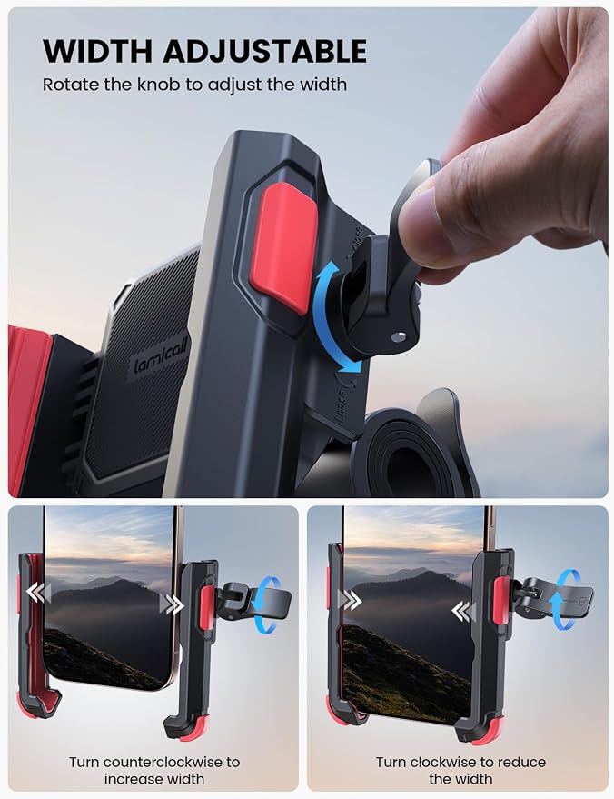 Lamicall Motorcycle Bike Phone Mount - [No Block Camera] [1s Lock] Bike Cell Phone Holder Clamp, Bicycle Scooter Handlebar Clip, for iPhone 16 15 14 Pro Max, Galaxy Ultra, 4.7-7" Phones, Red
