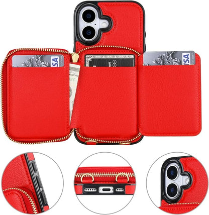Bocasal RFID Blocking Wallet Case for iPhone 17, Adjustable Crossbody Zipper Purse Case Card Holder with Kickstand Detachable Wrist Strap, PU Leather Flip Folio Case 6.3 Inch 5G (Red)