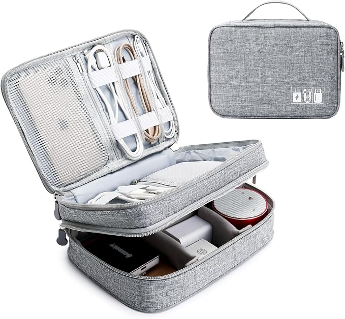 mygreen Electronic Accessories Organizer Bag, Waterproof Double Layer Travel Storage Case with Adjustable Padded Dividers, Portable Hard Pouch for Cables, Charger, Power Bank, Phone, Hard Drive Gray