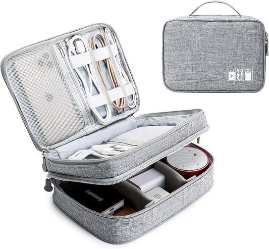 mygreen Electronic Accessories Organizer Bag, Waterproof Double Layer Travel Storage Case with Adjustable Padded Dividers, Portable Hard Pouch for Cables, Charger, Power Bank, Phone, Hard Drive Gray
