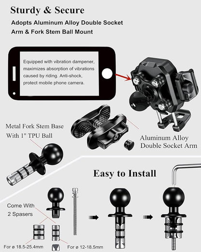 BRCOVAN Anti-Theft Motorcycle Fork Stem Phone Mount Holder with Vibration Dampener [1s Lock] [Camera Friendly] Adjustable Size Mobile Phone Cradle Fit 5.4-7.2" Cellphones