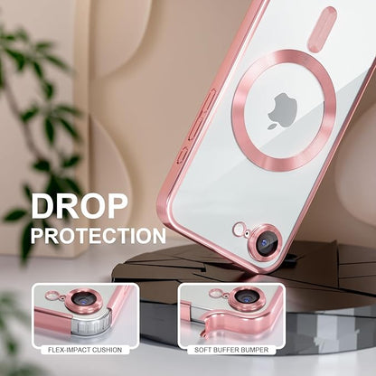 Misea Magnetic for iPhone 17e / 16e Case Compatible with MagSafe [Never Yellowing] [Military Grade Drop Protection] Full Camera Lens Protector Plating Soft Clear Phone Case for Women 6.1 inch, Pink
