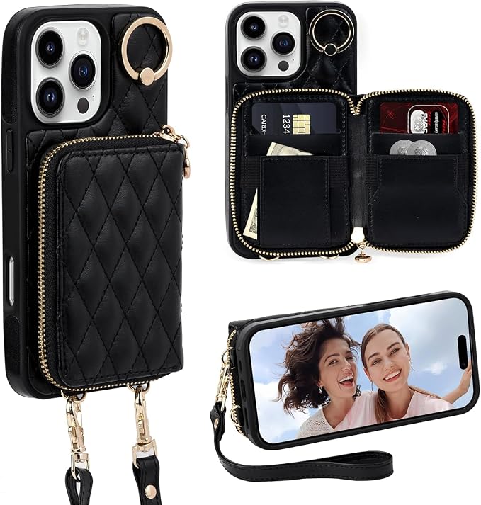 Keallce Case for iPhone 16 Pro 6.3'' Wallet Case, Crossbody Zipper Purse with Wristlet for Women, RFID Blocking Card Holders, 360° Ring Kickstand Flip Leather Case for iPhone 16 Pro, Black