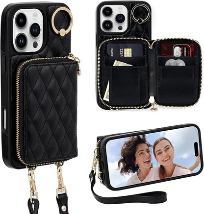Keallce Case for iPhone 16 Pro 6.3'' Wallet Case, Crossbody Zipper Purse with Wristlet for Women, RFID Blocking Card Holders, 360° Ring Kickstand Flip Leather Case for iPhone 16 Pro, Black