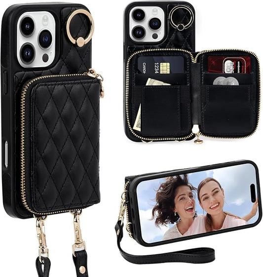 Keallce Case for iPhone 16 Pro 6.3'' Wallet Case, Crossbody Zipper Purse with Wristlet for Women, RFID Blocking Card Holders, 360° Ring Kickstand Flip Leather Case for iPhone 16 Pro, Black