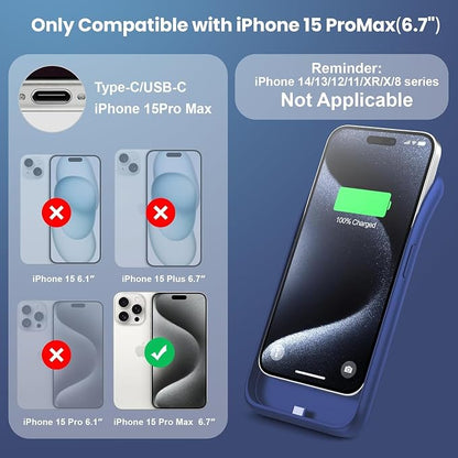 Battery Case for iPhone 15Pro Max, Upgrade 8600mah Portable Slim Battery Charging Case, 15W Fast Charging Rechargeable Protective Extended Charger Cover for iPhone 15 Pro Max (6.7 inch)-Blue