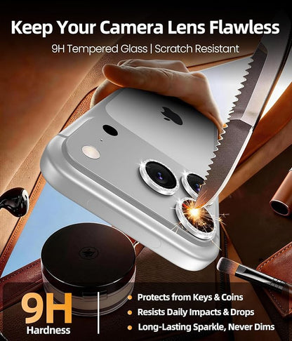 PandaShield 2-Pack Anti-Reflection Camera Lens Protector for iPhone 17/16/15 Pro & Pro Max, Easy Installation,9H Hardness, 98% Ultra Clarity, Maintains Original Lens Design - Glitter Silver