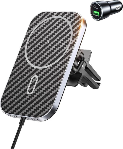 for MagSafe Car Mount Charger with Adapter, 360° Rotation Magnetic Wireless iPhone Car Charger for Air Vent, Compatible with iPhone 17/16/15/14/13/12 Series (Carbon Black)