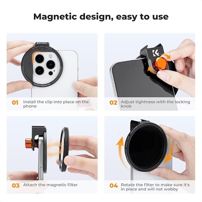 K&F CONCEPT Clip On 67mm Variable ND2-32 Magnetic Phone Lens Filter Kit, Phone Clip with Magnetic Adapter Ring/Cold Shoe/Locking Knob, Neutral Density Filter Compatible with iPhone 16 15 Pro Max 14 13