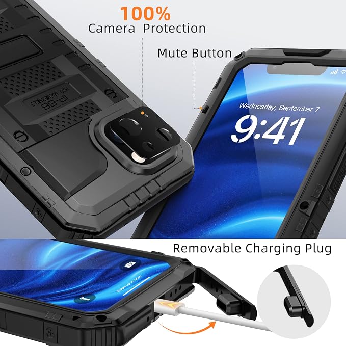 Mitywah Waterproof Case for iPhone 14, Heavy Duty Shockproof Case with Built-in Screen Protector, Full Body Underwater Protective Metal Case 6.1 inch, Black