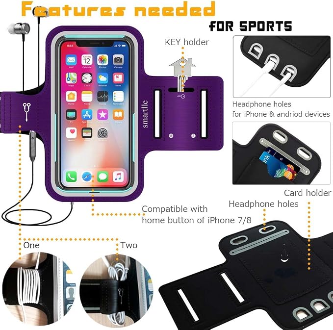 Arm Phone Holder for Running, Universal Cellphone Armband for iPhone 15 14 13 12 11 Pro/XR/XS/X/SE/8/7/6s/6, A/S/J, Up to 6.1’’, Sport Armband for Gym, Sports, Workout-Purple