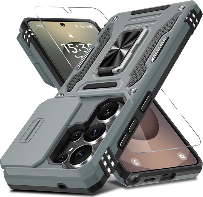 DEERLAMN Case for Samsung Galaxy S26 Ultra 6.9-Inch with Slide Camera Cover+Screen Protector(1 Pack), Rotated Ring Kickstand Military Grade Shockproof Protective Cover-Grey