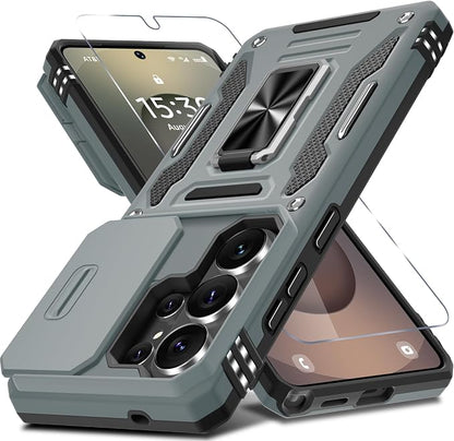 DEERLAMN Case for Samsung Galaxy S26 Ultra 6.9-Inch with Slide Camera Cover+Screen Protector(1 Pack), Rotated Ring Kickstand Military Grade Shockproof Protective Cover-Grey